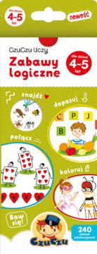 Okładka CzuCzu Zabawy logiczne dla 4-5 latków, z ilustracjami zadań: znajdź, dopasuj, połącz, koloruj. Tekst '240 zabaw'.