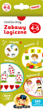 Okładka CzuCzu Zabawy logiczne dla 4-5 latków, z ilustracjami zadań: znajdź, dopasuj, połącz, koloruj. Tekst '240 zabaw'.