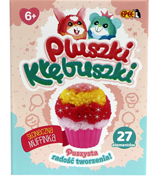 Pluszki-Kłębuszki, zestaw Słoneczna Muffinka do tworzenia puszystych pomponów. Barwne pudełko, wiek 6+, widok z przodu.