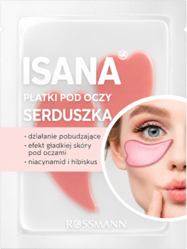 Isana Płatki pod oczy Serduszka, białe opakowanie, różowe hydrożelowe płatki z hibiskusem i niacynamidem, widok z przodu.