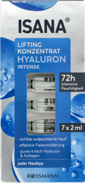ISANA Lifting Konzentrat Hyaluron Intense, niebiesko-białe opakowanie z ampułkami 7x2ml, widok z przodu.