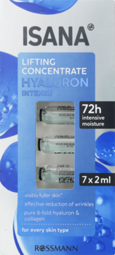 Biało-niebieskie opakowanie Isana Lifting Concentrate Hyaluron Intense, 7x2ml. 72h nawilżenie, redukcja zmarszczek dla każdej skóry.