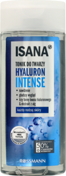 Isana Tonik do Twarzy Hyaluron Intense, przezroczysta butelka z niebieską etykietą, kwas hialuronowy i algi, widok z przodu.