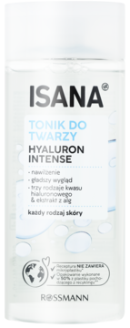 Isana Tonik do Twarzy Hyaluron Intense, przezroczysta butelka z białym korkiem, widok z przodu.