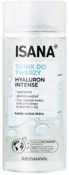 Tonik do twarzy Isana Hyaluron Intense z kwasem hialuronowym i algami w przezroczystej butelce, przód.