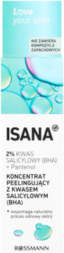 Isana Koncentrat Peelingujący 2% BHA i Panthenol. Opakowanie w bieli i turkusie z bąbelkami, widok z przodu.
