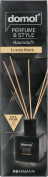 Front czarnego opakowania Domol Perfume & Style Luxury Black Raumduft, czarny dyfuzor z patyczkami.