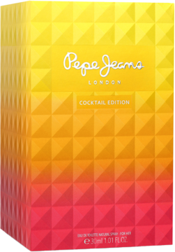 Damska woda toaletowa Pepe Jeans Cocktail Edition w żółto-czerwonym pudełku z fasetowaną teksturą, widok z przodu.