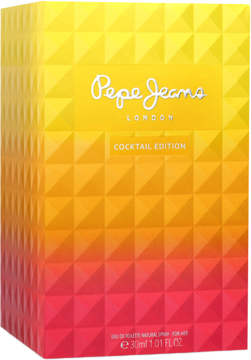 Damska woda toaletowa Pepe Jeans Cocktail Edition w żółto-czerwonym pudełku z fasetowaną teksturą, widok z przodu.