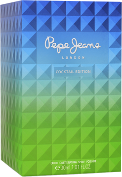 Pepe Jeans London Cocktail Edition męska EDT, niebiesko-zielone pudełko z geometrycznym wzorem, widok z przodu.