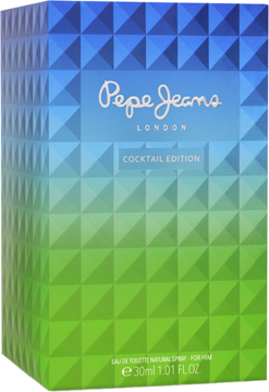 Pepe Jeans London Cocktail Edition męska EDT, niebiesko-zielone pudełko z geometrycznym wzorem, widok z przodu.