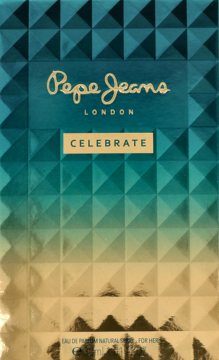 Front opakowania perfum Pepe Jeans Celebrate, gradient turkusowo-złoty, z geometrycznym, fasetowanym wzorem.