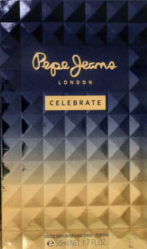 Granatowo-złote opakowanie Pepe Jeans Celebrate, woda perfumowana męska, z geometrycznym wzorem 3D, widok z przodu.