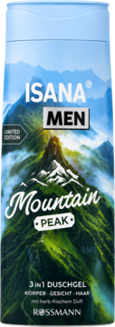 Isana Men Mountain Peak 3w1 żel pod prysznic, niebieska butelka z górskim motywem i ziołowym zapachem.