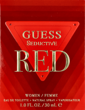 Guess Seductive Red damska woda toaletowa 30ml, czerwone pudełko ze złotym logo w trójkącie, widok z przodu.