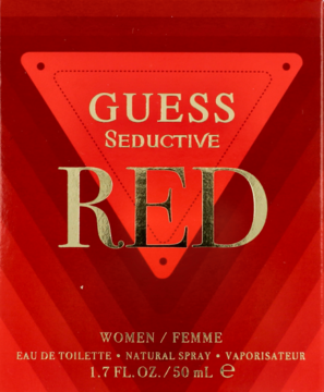 Czerwone opakowanie perfum Guess Seductive Red Eau de Toilette dla kobiet, ze złotymi detalami.