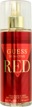 Mgiełka zapachowa Guess Seductive Red w czerwonej butelce z napisem RED i złotą nakrętką, widok z przodu.