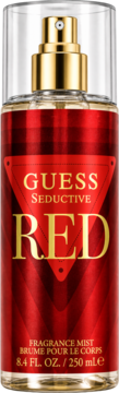Błyszcząca czerwona butelka Guess Seductive Red 250ml, mgiełka perfumowana ze złotym atomizerem, przód.