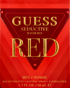 Guess Seductive Homme Red w czerwonym opakowaniu, męska woda toaletowa ze złotym napisem i trójkątnym wzorem, widok z przodu.
