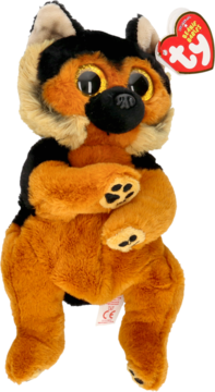 Pluszowy owczarek niemiecki Ace, maskotka Ty Beanie Boos, siedząca, czarno-brązowa, z dużymi, błyszczącymi oczami.