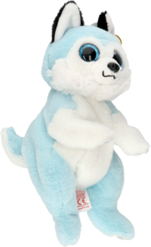 Maskotka Husky 15cm, pluszowa, jasnoniebieska z białym brzuchem i niebieskimi brokatowymi oczami.