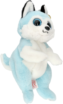 Maskotka Husky 15cm, pluszowa, jasnoniebieska z białym brzuchem i niebieskimi brokatowymi oczami.