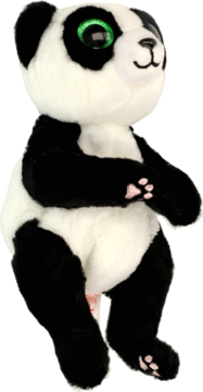 Pluszowa panda zabawka, czarno-biała, z dużymi błyszczącymi zielonymi oczami i różowymi łapkami, siedząca z boku.