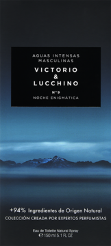 Victorio & Lucchino N°9 Noche Enigmática woda toaletowa męska 150ml, ciemne opakowanie z tekstem na tle gór.