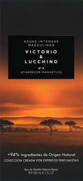 Opakowanie Victorio & Lucchino N°8 Atardecer Magnético 150ml, pomarańczowe tło z krajobrazem zachodu słońca.