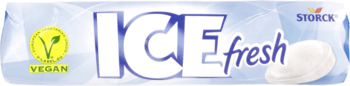 Front opakowania Ice fresh Storck, biały, niebieski napis ICE fresh, żółte logo VEGAN i biały cukierek.