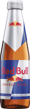 Red Bull Energy Drink w szklanej butelce, pomarańczowy płyn i srebrna zakrętka, widoczne logo z bykami, widok z przodu.