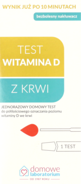Opakowanie domowego testu na witaminę D, biało-żółto-turkusowe. Widoczny napis "TEST WITAMINA D Z KRWI".