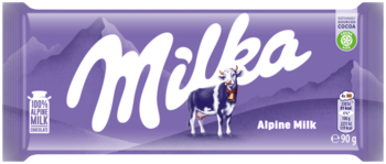 Fioletowa czekolada Milka, z krową, górami i napisem 'Alpine MILK', 100g, widok z przodu.