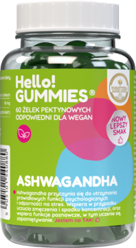 Hello! GUMMIES Ashwagandha, zielone żelki w przezroczystym słoiku z zieloną etykietą, widok z przodu.
