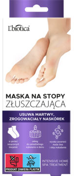 L'biotica złuszczająca maska do stóp, usuwająca zrogowaciały naskórek, w fioletowym opakowaniu z obrazem stóp.