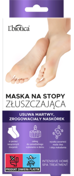 L'biotica złuszczająca maska do stóp, usuwająca zrogowaciały naskórek, w fioletowym opakowaniu z obrazem stóp.