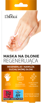 L'biotica Maska na Dłonie Regenerująca. Zbliżenie zadbanych dłoni na białym tle, z tekstem o domowym spa.