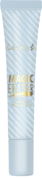 Lovely Magic Eraser mattifying makeup base, light blue rectangular bottle with gold text and diagonal stripes, front view.