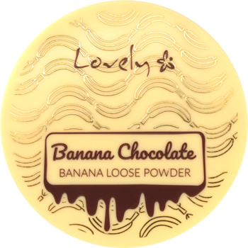 Okrągły puder sypki do twarzy Lovely Banana Chocolate, kremowe opakowanie z bananowym wzorem, widok z przodu.