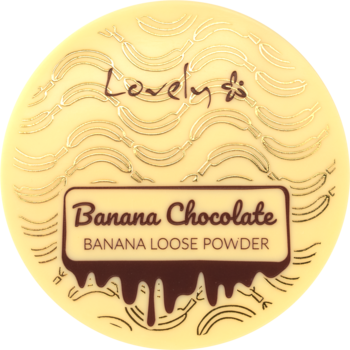 Okrągły puder sypki do twarzy Lovely Banana Chocolate, kremowe opakowanie z bananowym wzorem, widok z przodu.