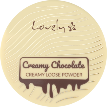 Okrągły matowy puder sypki Lovely Creamy Chocolate w beżowym opakowaniu z topioną czekoladą, widok z góry.