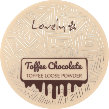 Okrągły, beżowy puder sypki Lovely Toffee Chocolate z brązowymi napisami i geometrycznym wzorem, widok z góry.