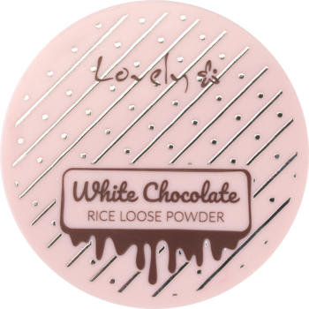 Różowy, okrągły puder ryżowy Lovely White Chocolate z brązową etykietą, białe paski, widok z góry.