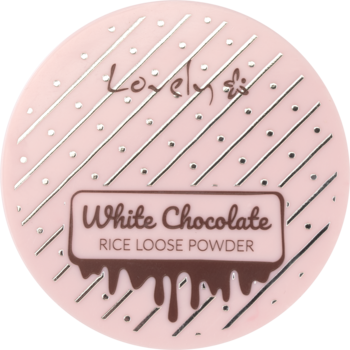 Różowy, okrągły puder ryżowy Lovely White Chocolate z brązową etykietą, białe paski, widok z góry.