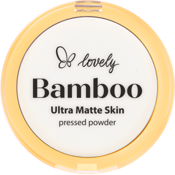 Puder prasowany Lovely Bamboo Ultra Matte Skin, okrągła puderniczka w odcieniach żółci i bieli, widok z góry.