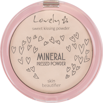 Lovely Mineral matujący puder prasowany w jasnoróżowej, okrągłej puderniczce, z serduszkami, widok z góry.