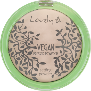 Zielony kompakt z beżowym pudrem Lovely Vegan, z napisem "Pressed Powder" i roślinnym wzorem, widok z góry.