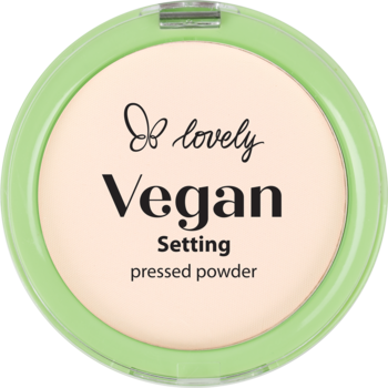 Lovely Vegan transparentny, prasowany puder matujący, w jasnozielonym, okrągłym opakowaniu, widok z góry.