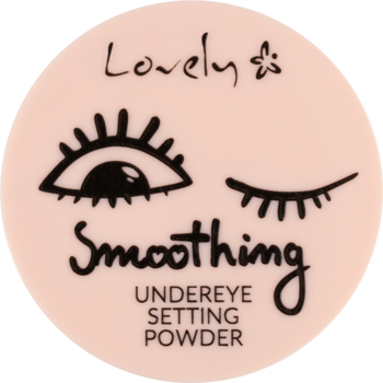 Jasnoróżowy puder sypki Lovely Smoothing Under Eye Setting Powder w okrągłym opakowaniu z grafiką oka.