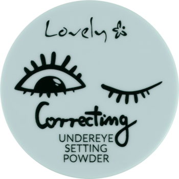 Puder Lovely Correcting Under Eye Setting Powder, okrągłe błękitne opakowanie z czarną grafiką oka.